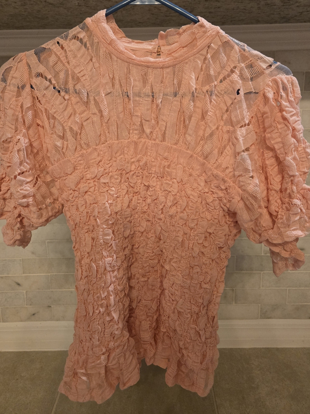 Free People Peach Ruffle Lace Puff Sleeve Top